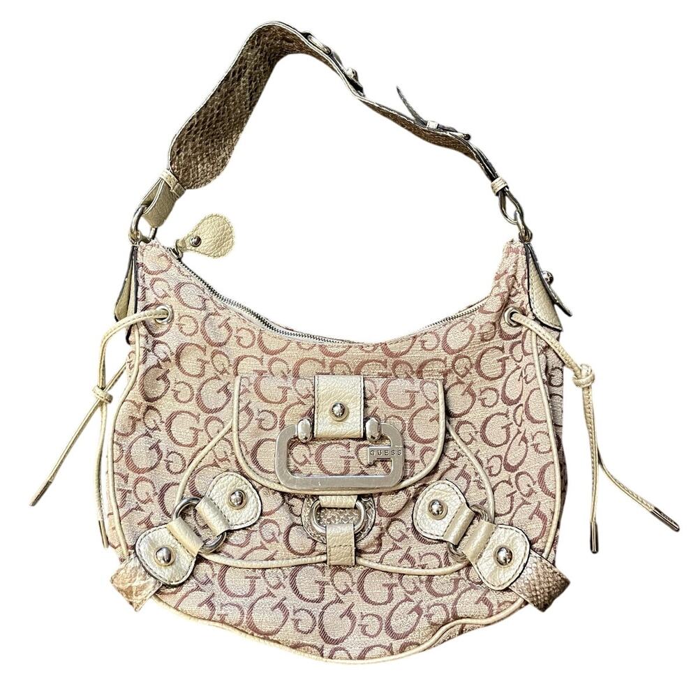 Vintage Y2K Guess Monogram Canvas Moto Hobo Shoulder Bag Buckle Faux Croc